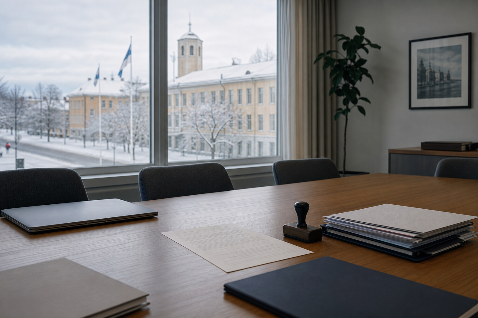 Kunnan kokoushuoneen pöydällä on sopimuspapereita ja leimasin talvisen kaupunkinäkymän edessä.