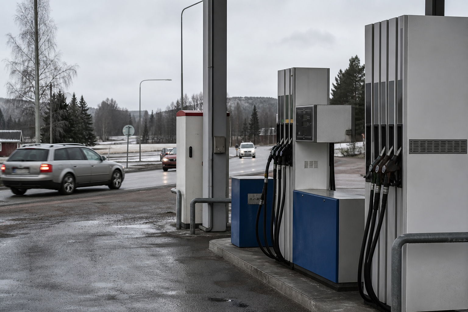 Suljettuja polttoainepumppuja suomalaisella huoltoasemalla pilvisenä päivänä.