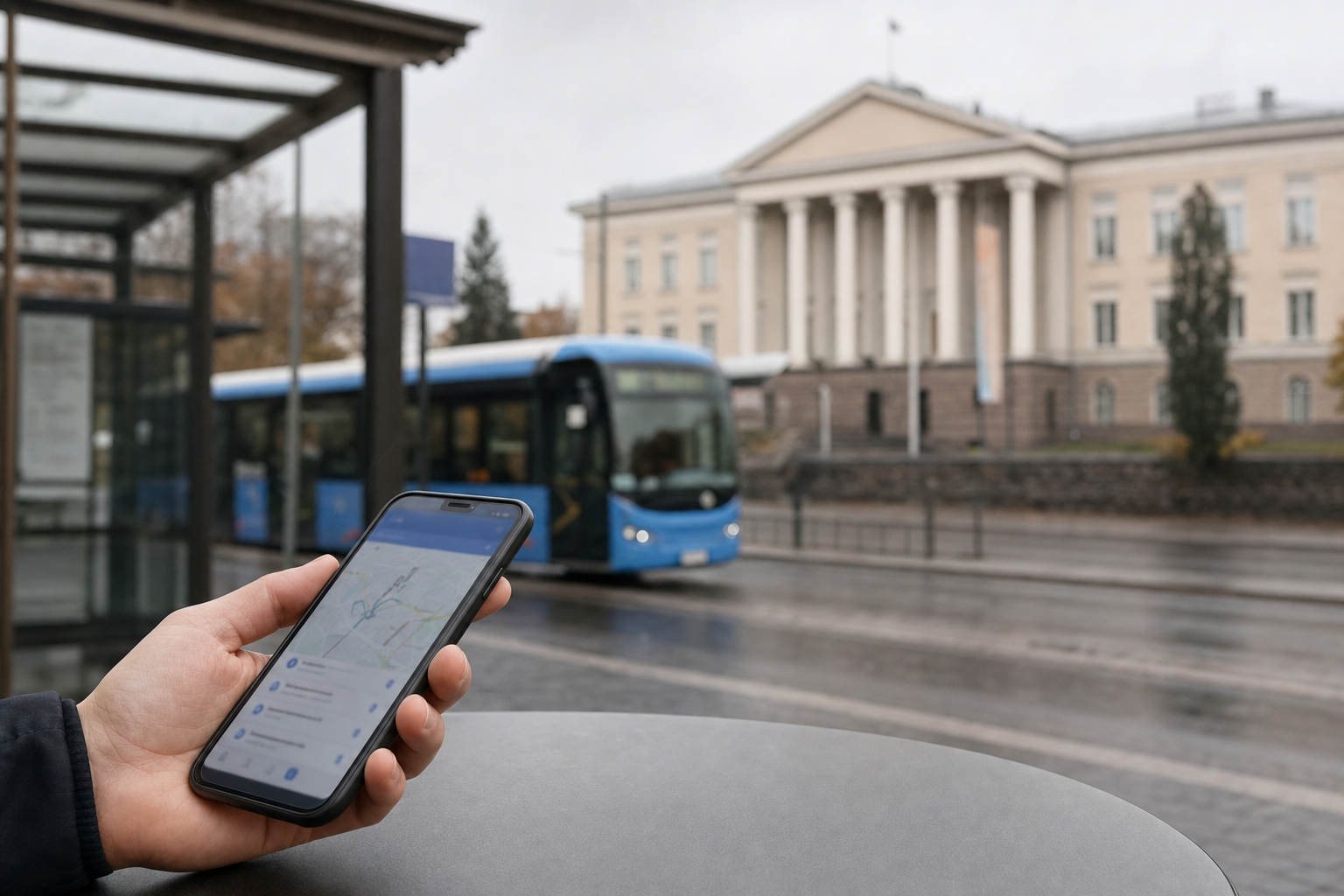 Älypuhelin ja joukkoliikennepysäkki symboloivat Kuopion mobiilisovelluksen hankintaa.