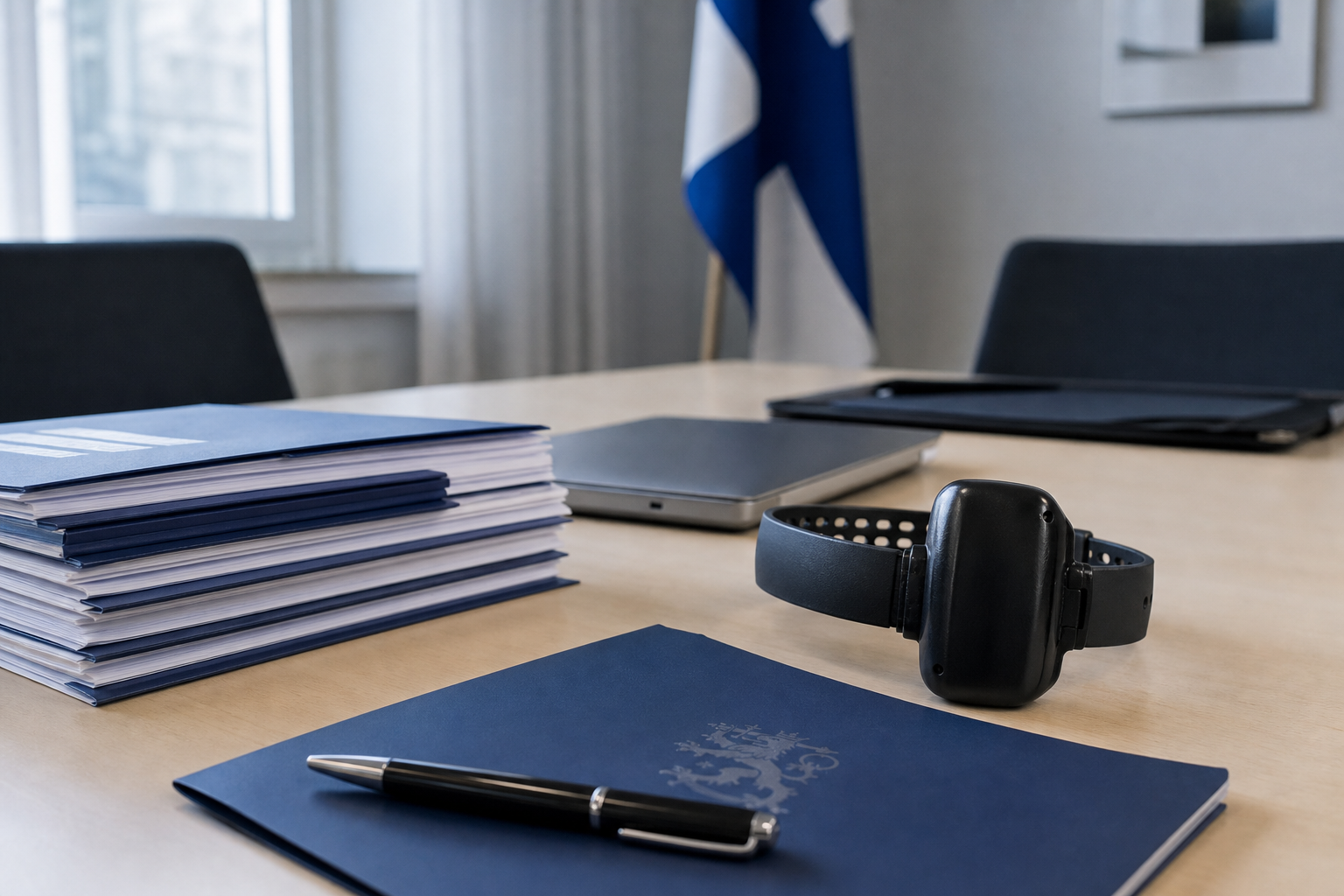 Neutraali virastopöytä, jolla on asiakirjoja ja sähköinen valvontalaite oikeudellisen teeman kuvituksena.