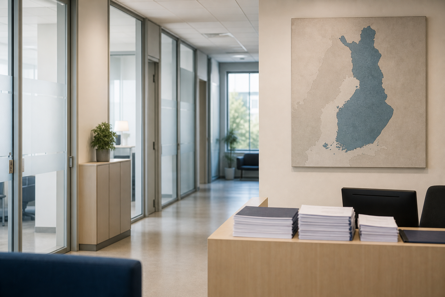 Hiljainen virastokäytävä ja asiakirjoja, taustalla pelkistetty Suomen kartta ilman tekstejä.