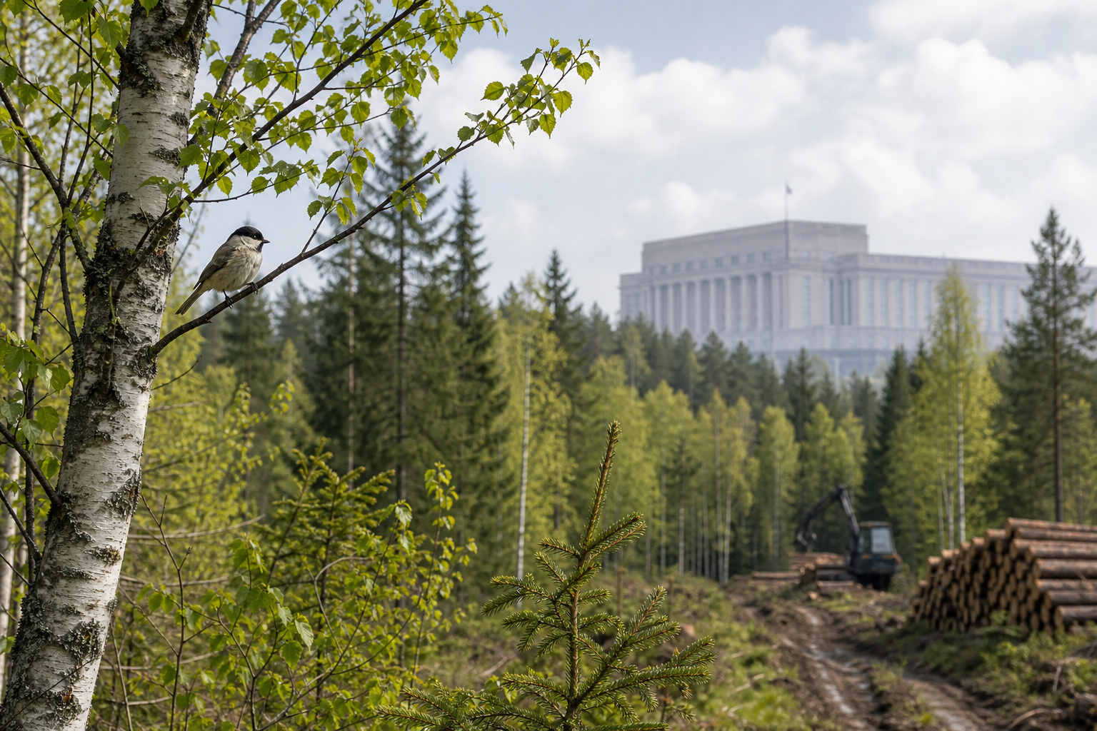 Keväinen metsä ja oksalla istuva lintu, taustalla viitteellinen eduskuntarakennuksen siluetti.