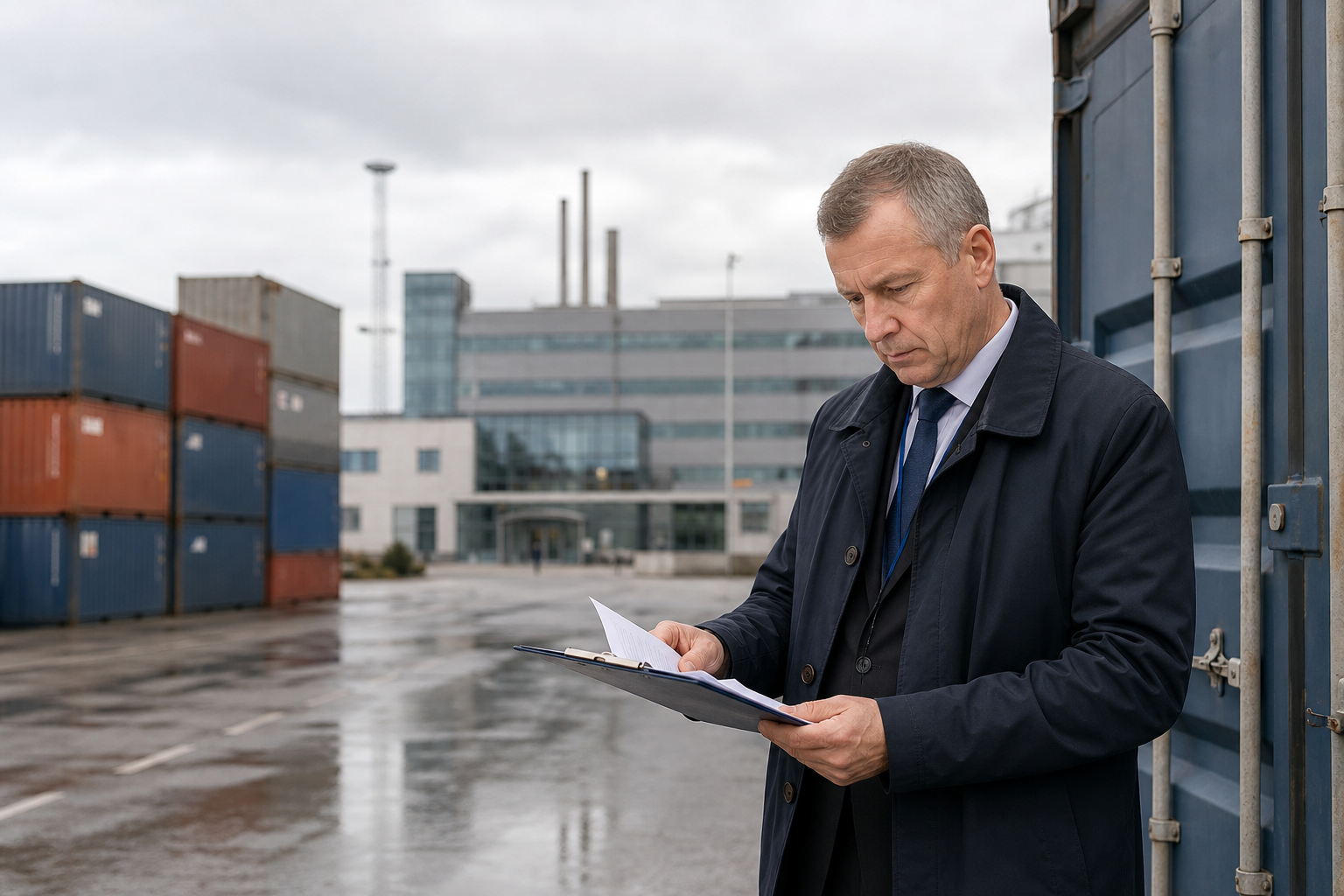 Tullialueen kontteja ja asiakirjoja tarkasteleva viranomainen satamassa.