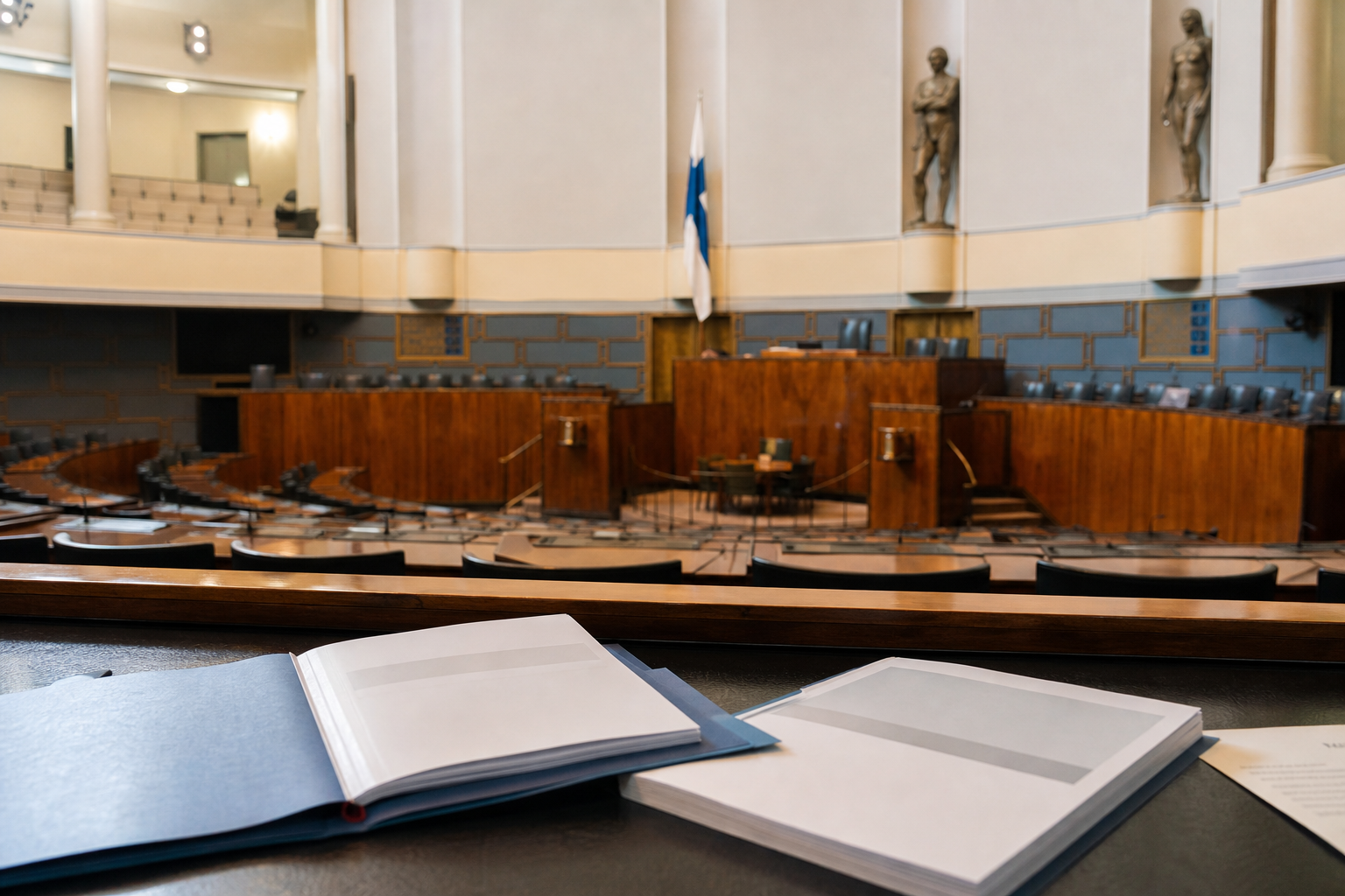 Eduskunnan täysistuntosali ja pöydällä avoin asiakirjakansio talousselontekoa kuvittamassa.