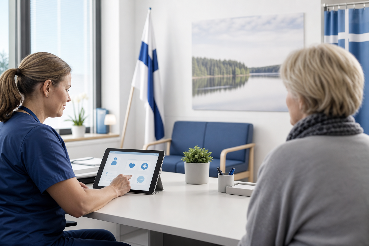 Hoitaja käyttää tablettia terveyskeskuksen vastaanotolla potilaan istuessa vieressä.