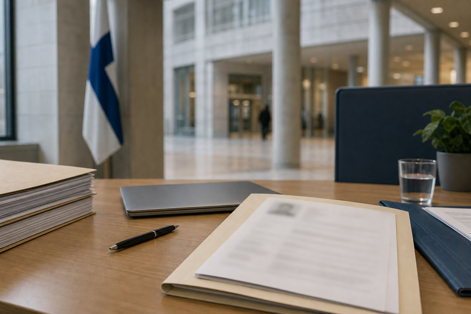 Virkapöydällä on asiakirjoja ja kannettava tietokone, tausta on hillitysti sumennettu.