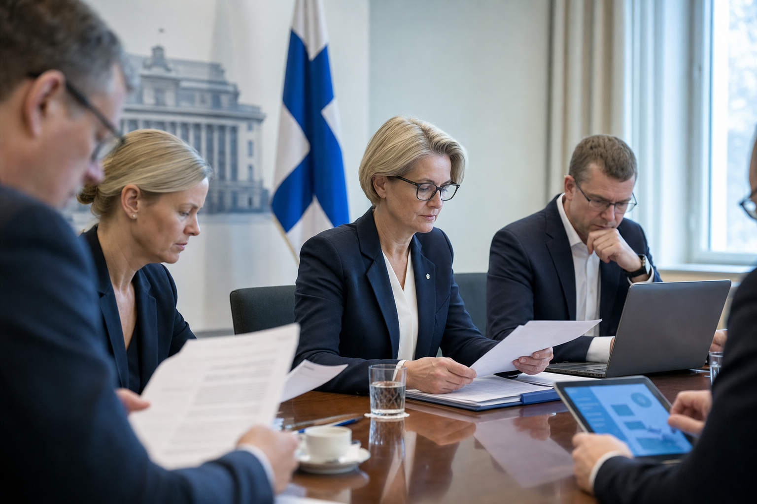 Virkamiehiä kokouspöydän ääressä asiakirjojen ja kannettavan tietokoneen parissa.