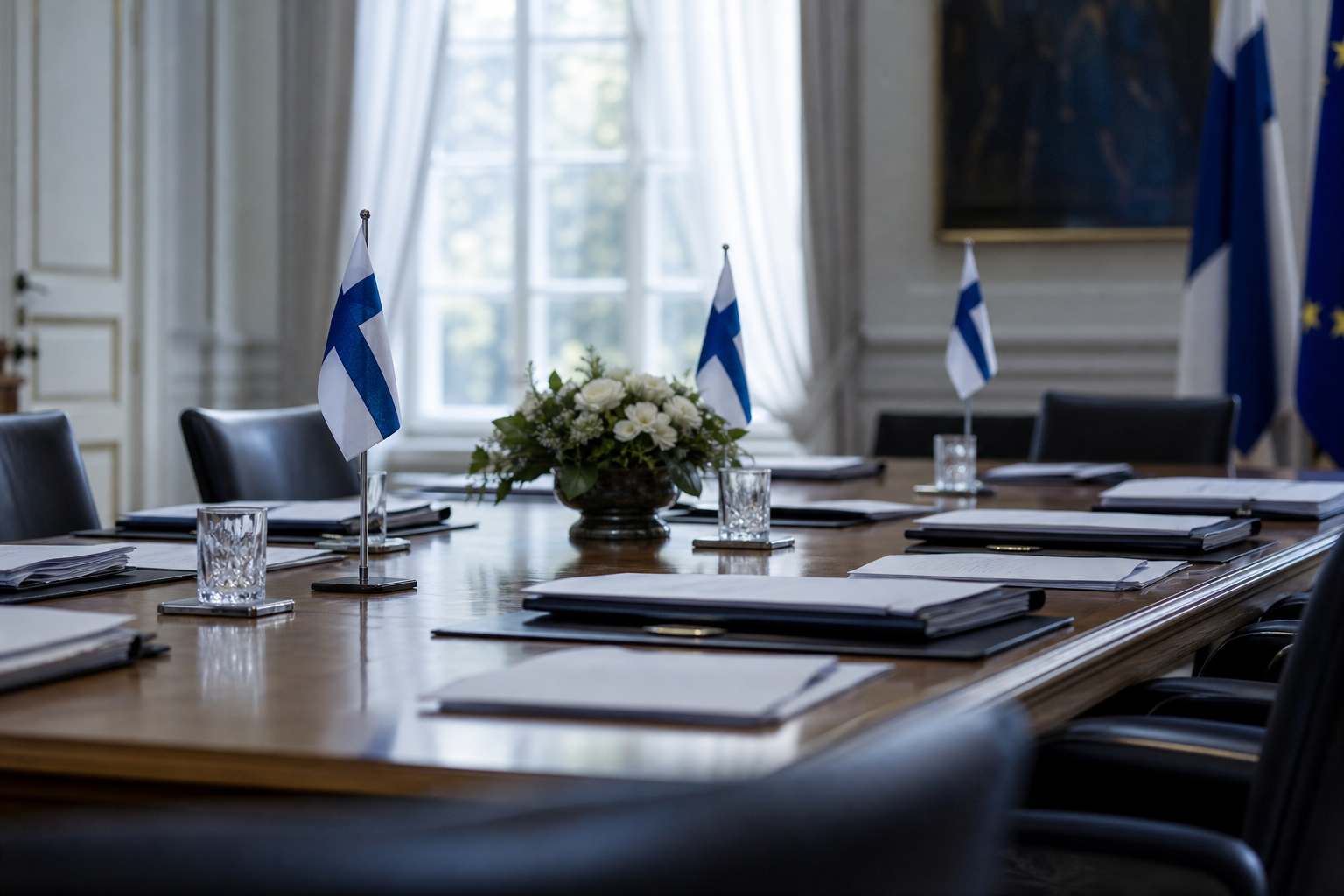 Virallinen kokouspöytä, asiakirjoja ja Suomen lippuja valtioneuvoston turvallisuusstrategian kuvituksena.