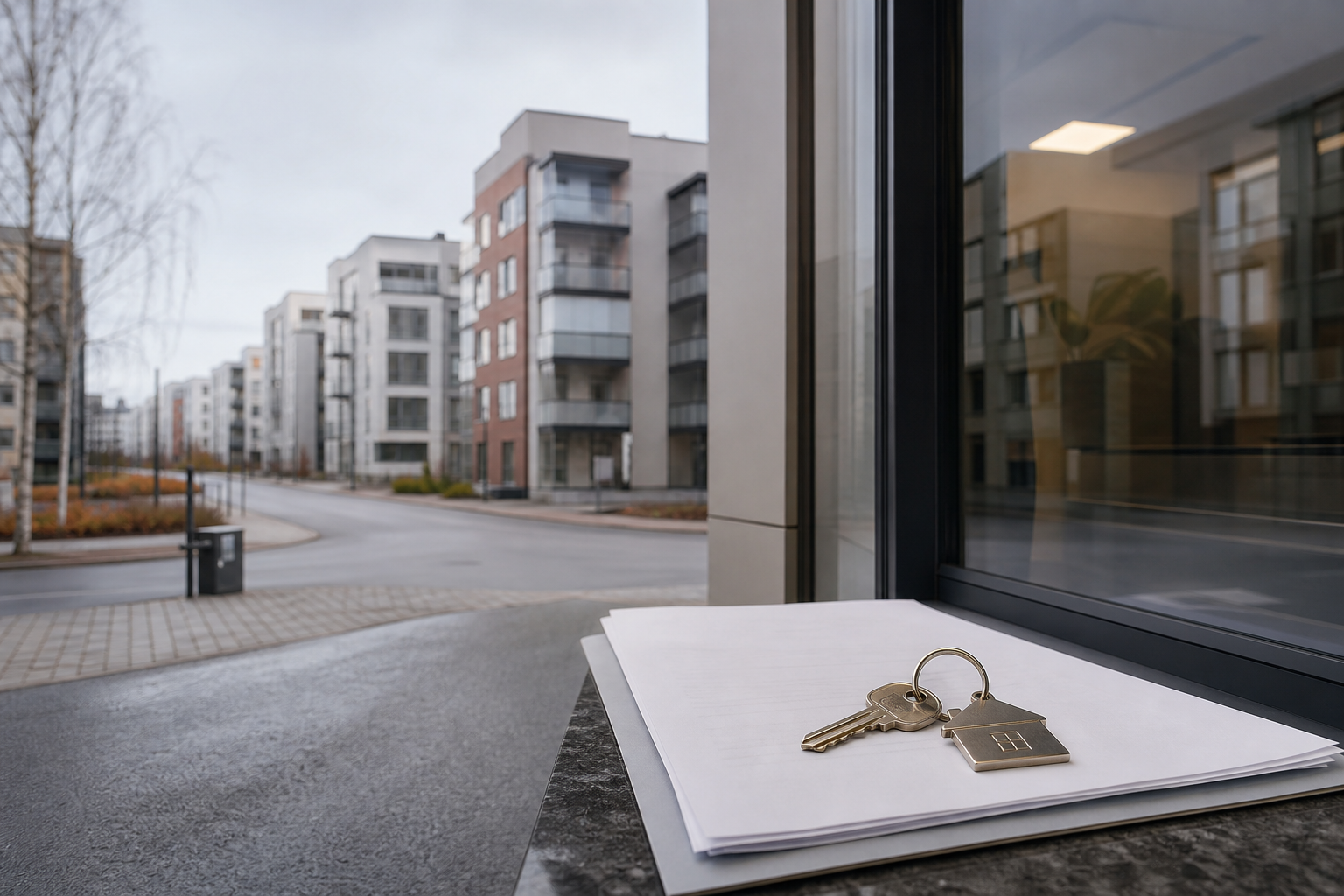 Asuntolainan asiakirjoja ja avain pankki-ikkunan edessä, taustalla kerrostaloja.