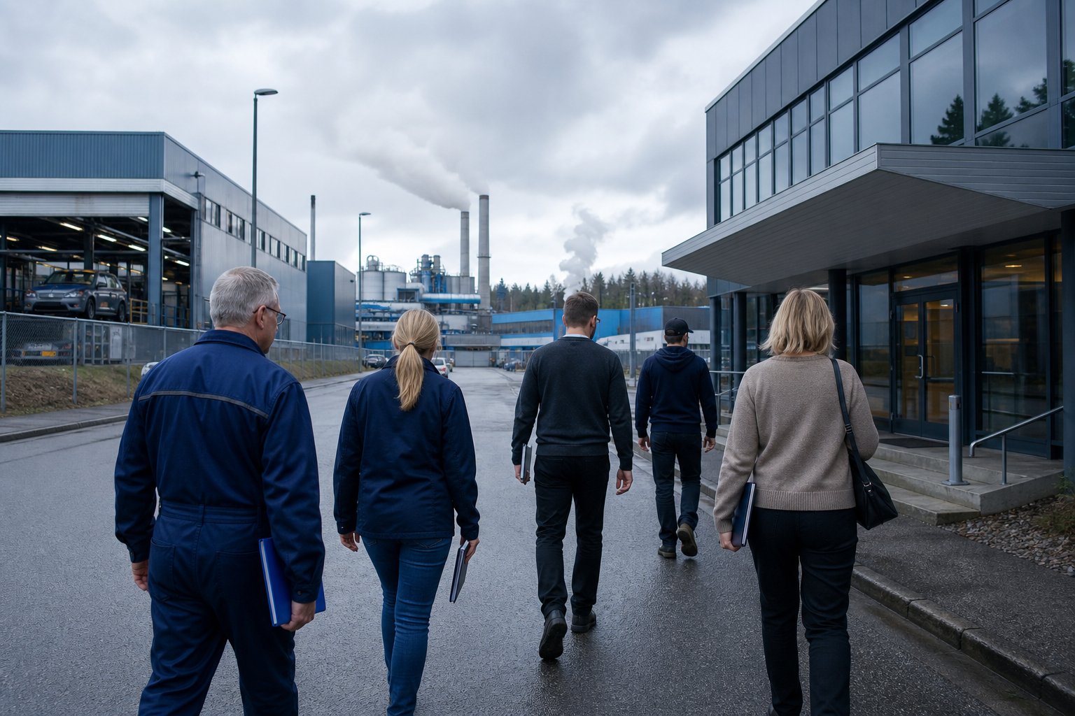 Työntekijöitä kulkee teollisuusalueelta kohti palvelurakennusta pilvisessä säässä.