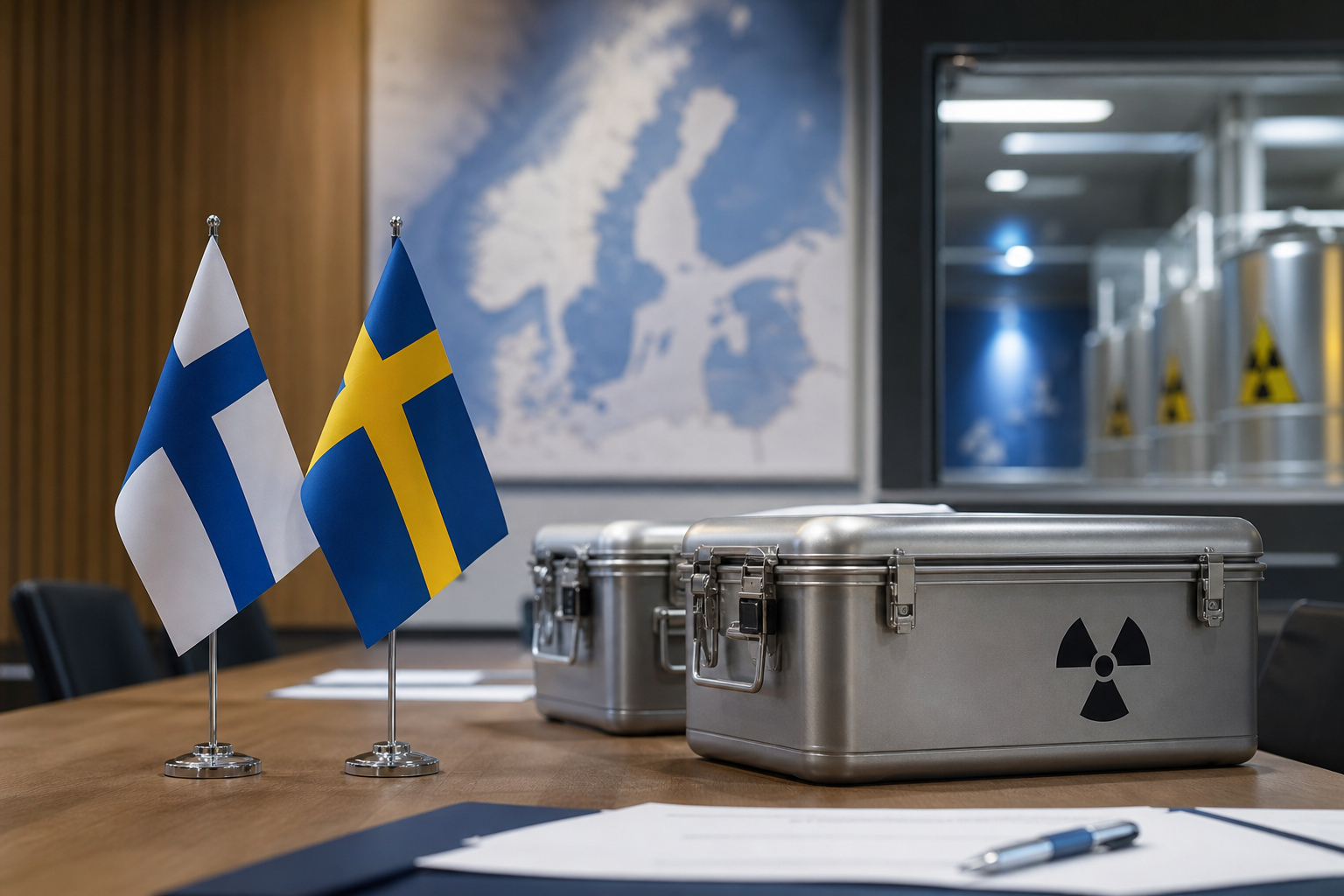 Suomen ja Ruotsin liput sekä suljetut tutkimusjätettä symboloivat säiliöt neuvotteluhuoneessa.