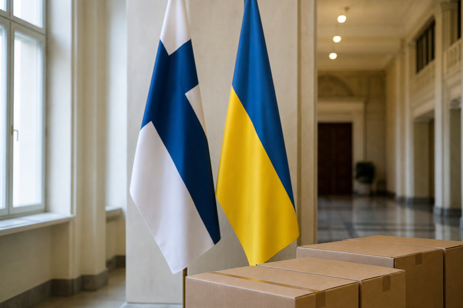 Suomen ja Ukrainan liput sekä merkitsemättömiä tarvikepakkauksia virastomaisessa tilassa.