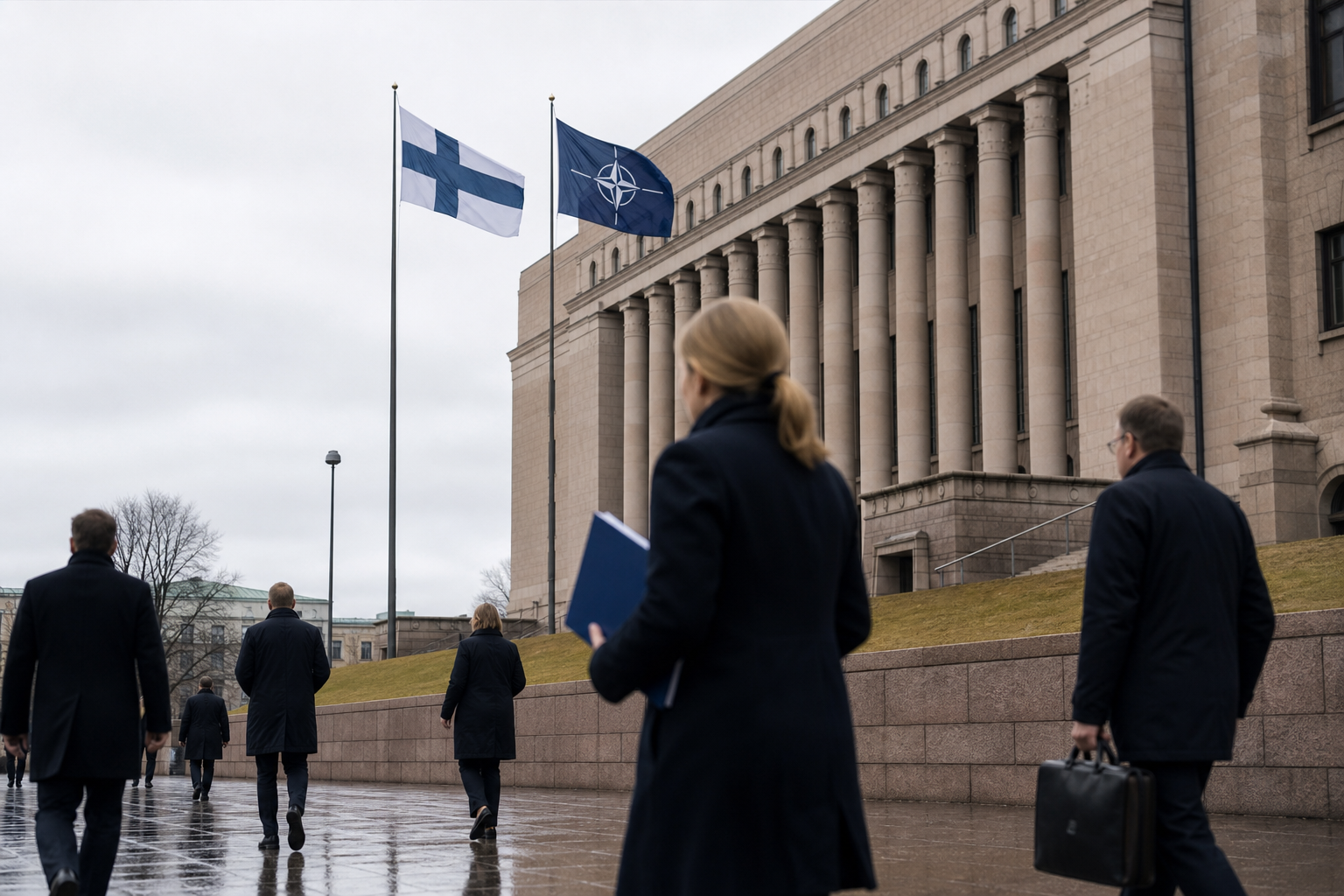 Suomen ja Naton liput liehuvat valtionhallinnon rakennuksen edustalla pilvisessä säässä.