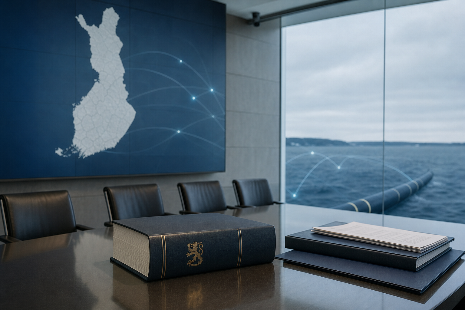 Lakikirja ja asiakirjoja ministeriömäisessä neuvotteluhuoneessa, taustalla viitteitä verkkoihin ja kaapeleihin.