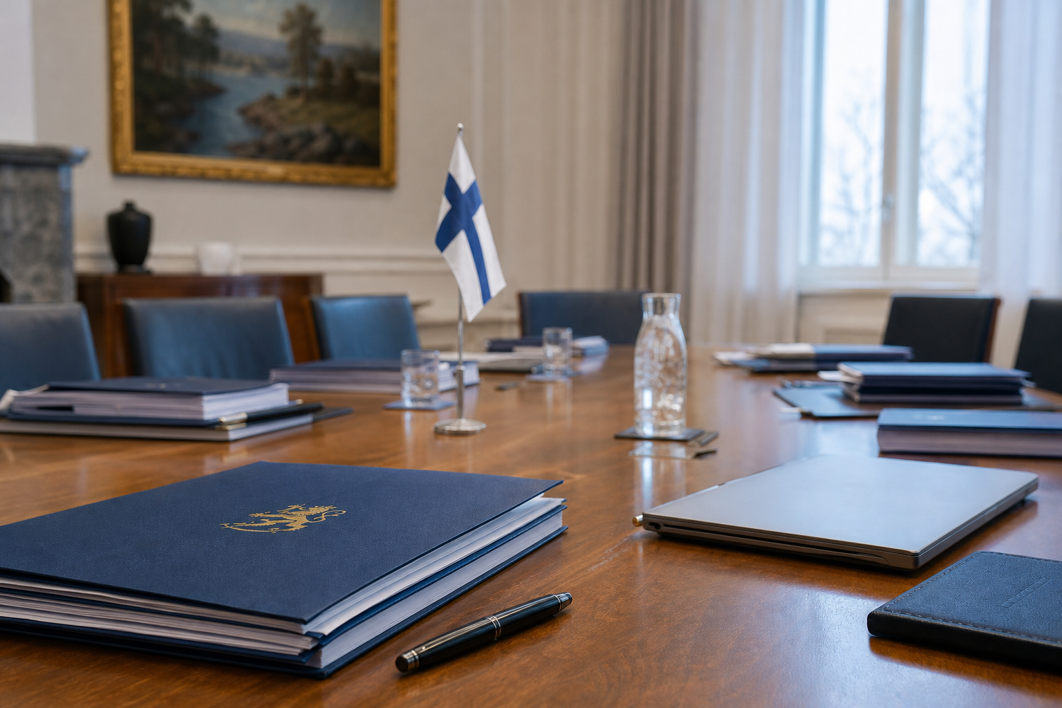 Kokouspöytä, asiakirjakansioita ja pieni Suomen lippu viranomaisympäristössä.