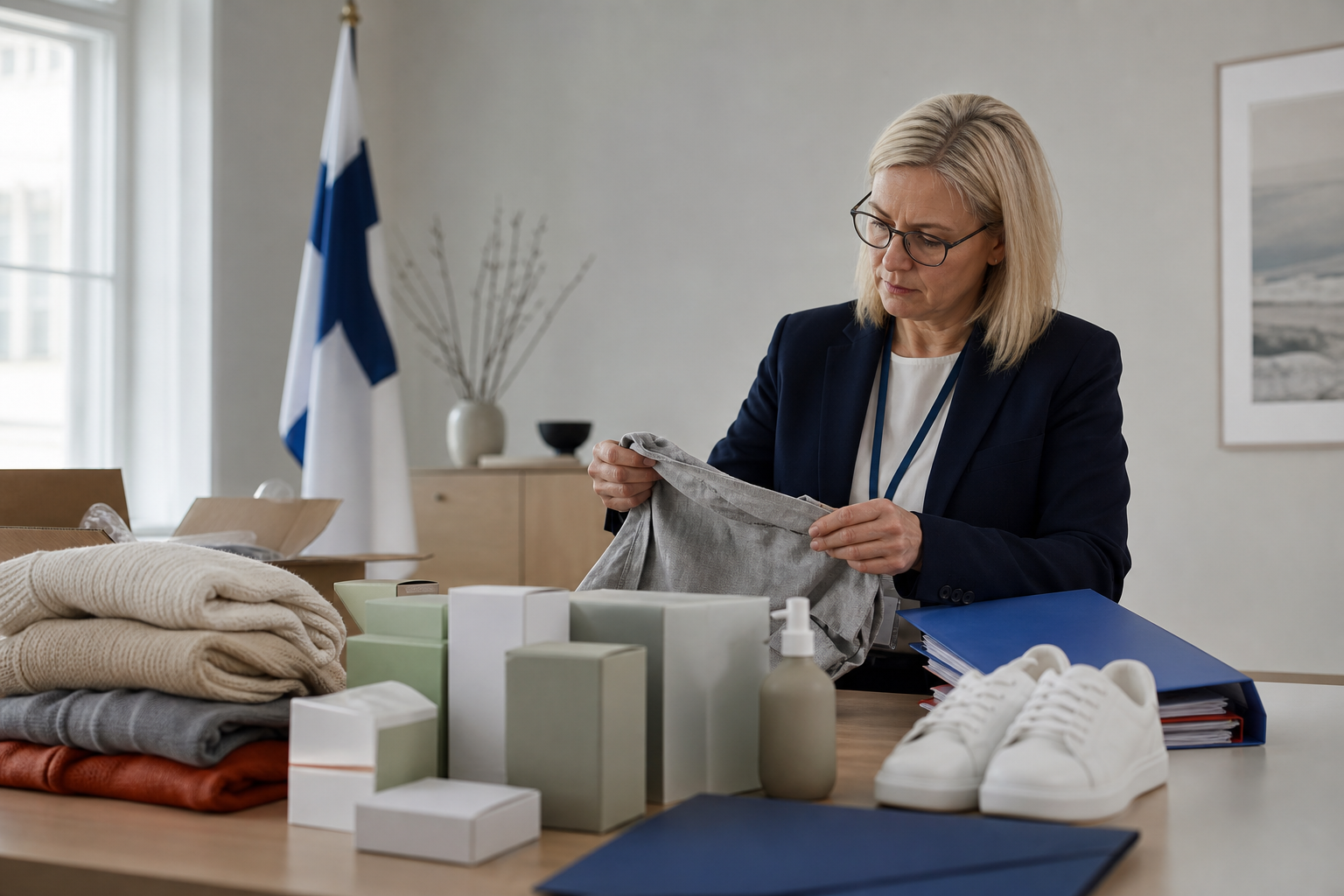Viranomainen tarkastelee pöydällä olevia tuotteita ja asiakirjoja valvontaa kuvaavassa toimistoympäristössä.
