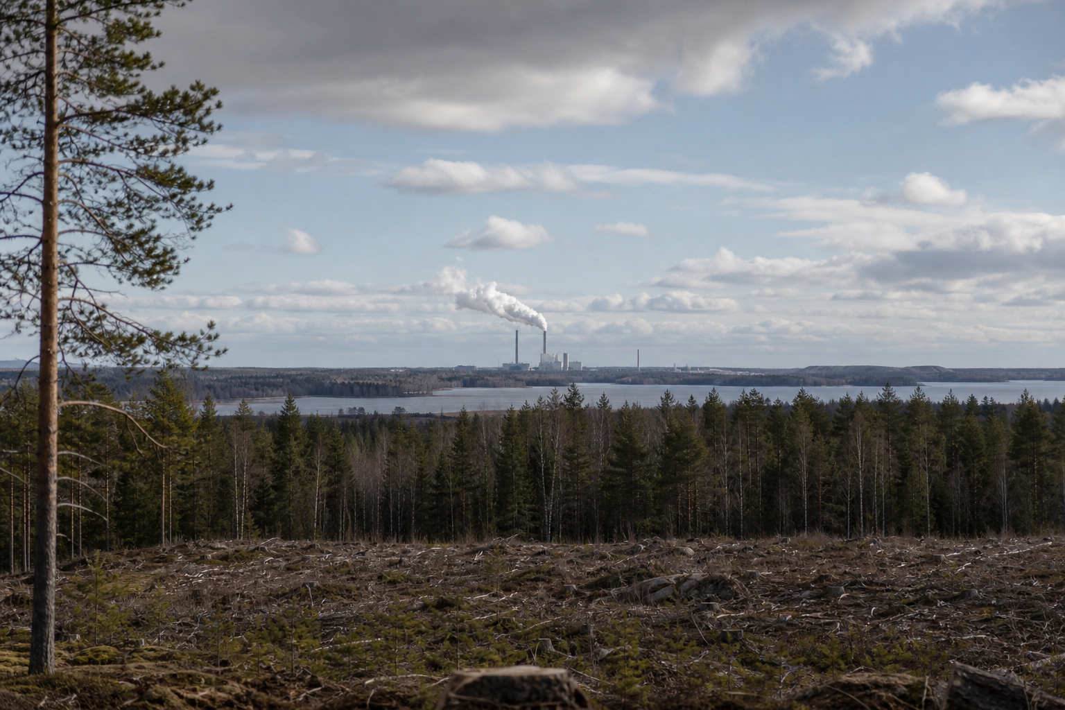 Teollisuuslaitos ja metsänreuna suomalaisessa maisemassa viileän taivaan alla.