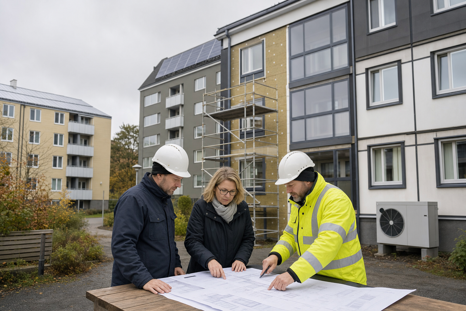 Taloyhtiön kerrostaloja ja korjaussuunnitelmia energiatehokkuusremontin valmistelussa.