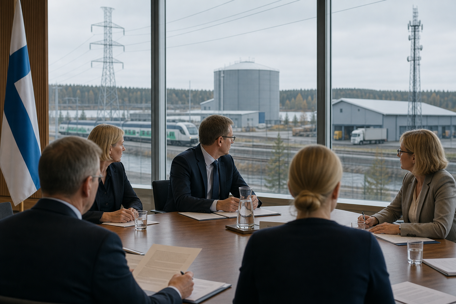 Viranomaisia kokouspöydän ääressä, taustalla kriittistä infrastruktuuria symboloivia kohteita.
