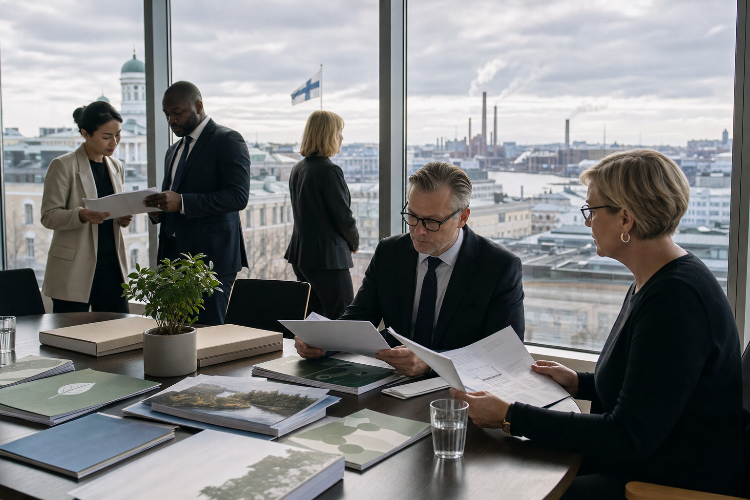 Neuvotteluhuoneen pöydällä on vastuullisuusraportteja ja viherkasvi, taustalla virkamiehiä asiakirjojen äärellä.