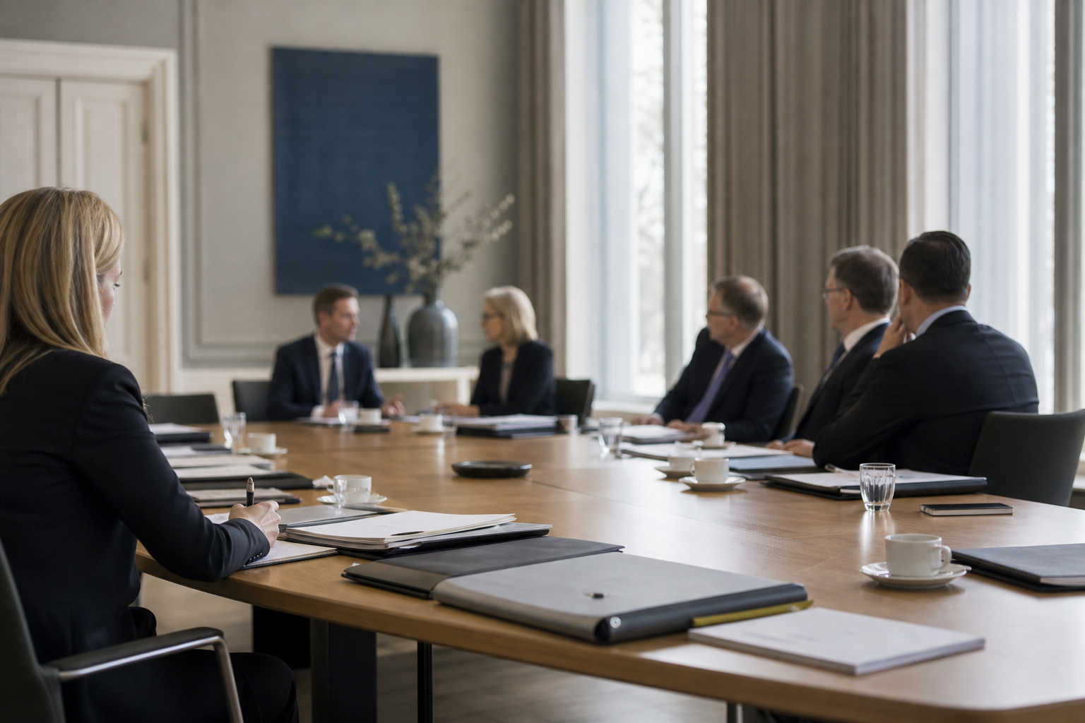 Ministeriön neuvotteluhuoneessa on papereita ja kansioita, taustalla virkamiehiä keskustelemassa.