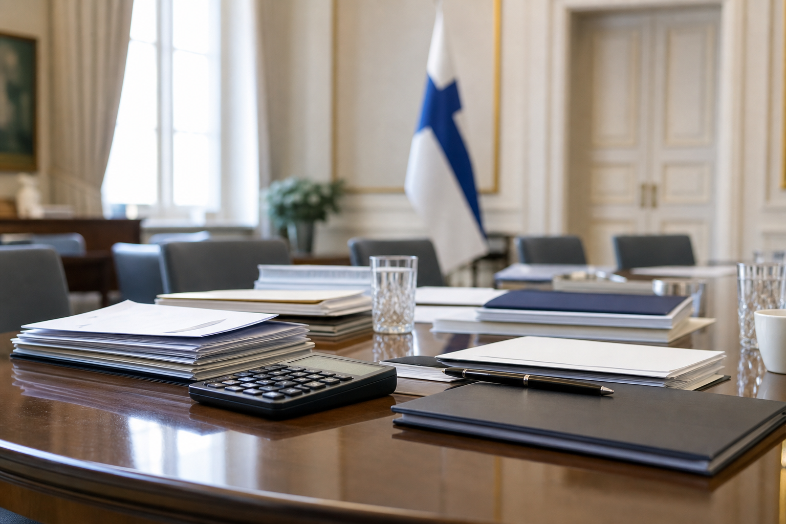 Neuvottelupöydällä on asiakirjoja, laskin ja Suomen lippu taustalla.