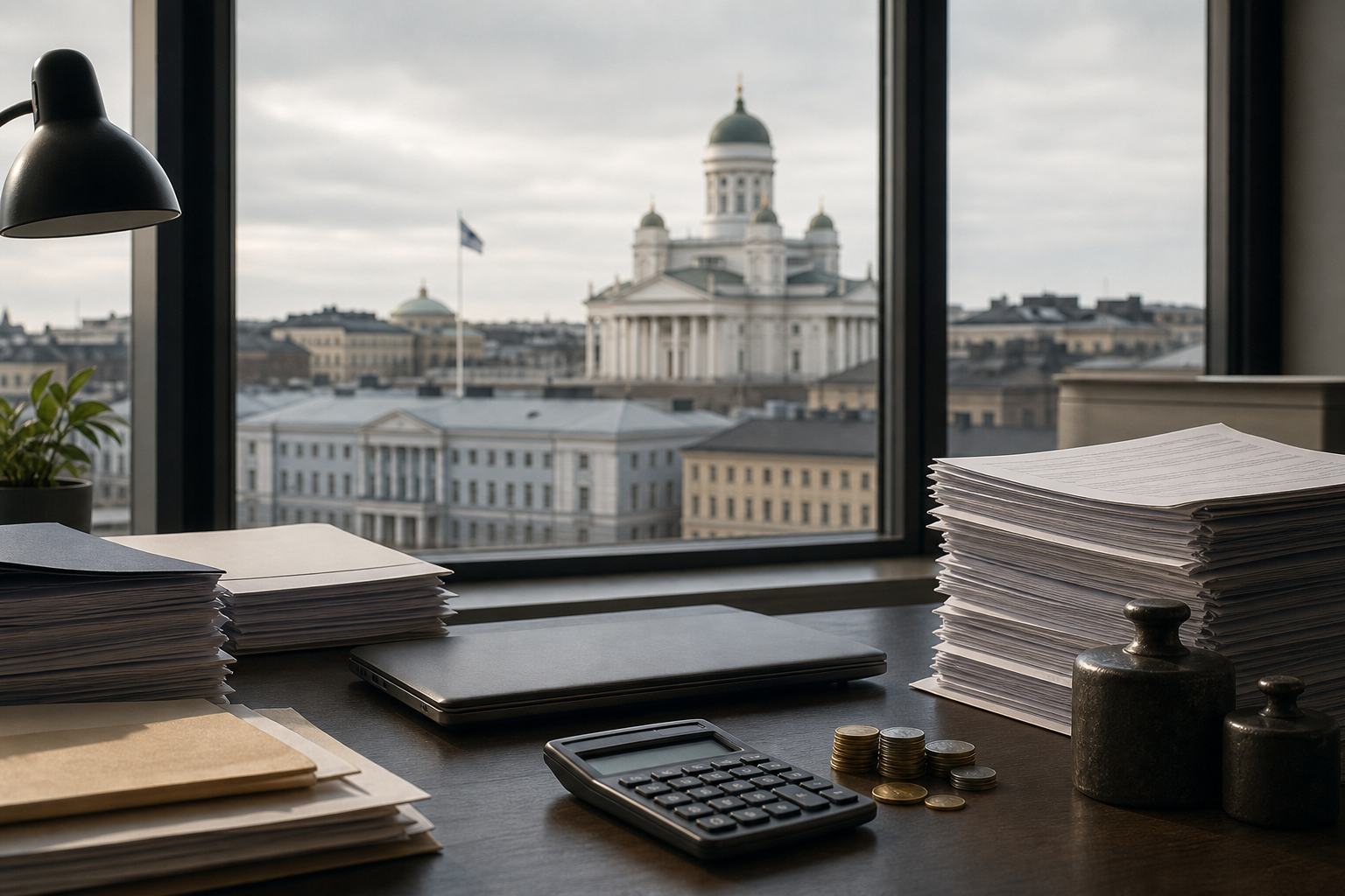 Virkapöydällä on asiakirjoja, laskin ja eurokolikoita harmaassa toimistovalossa.