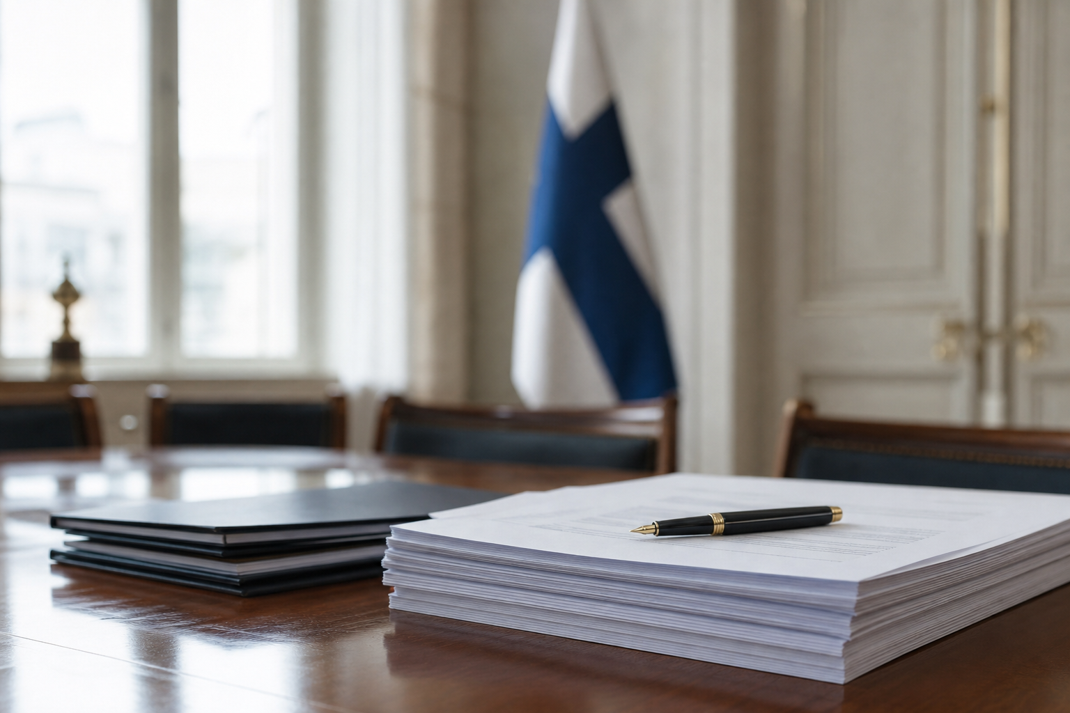 Virallisia asiakirjoja ja kynä pöydällä, taustalla sumea Suomen lippu valoisassa kokoushuoneessa.