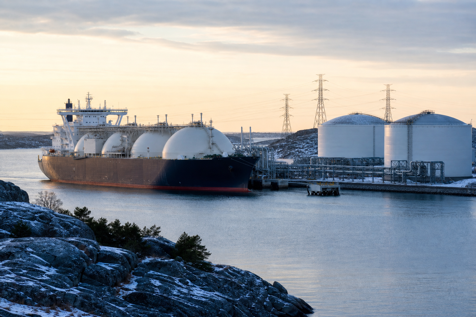 LNG-alus ja energiainfrastruktuuria satamassa viileässä aamunvalossa.
