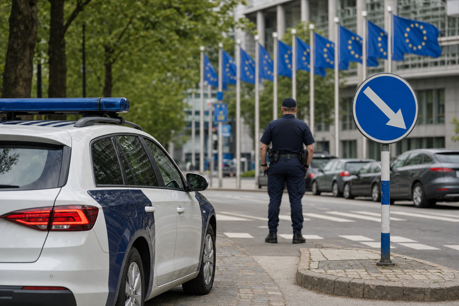 Poliisiauto ja liikennemerkki hallintorakennuksen edustalla, taustalla EU-lippuja.