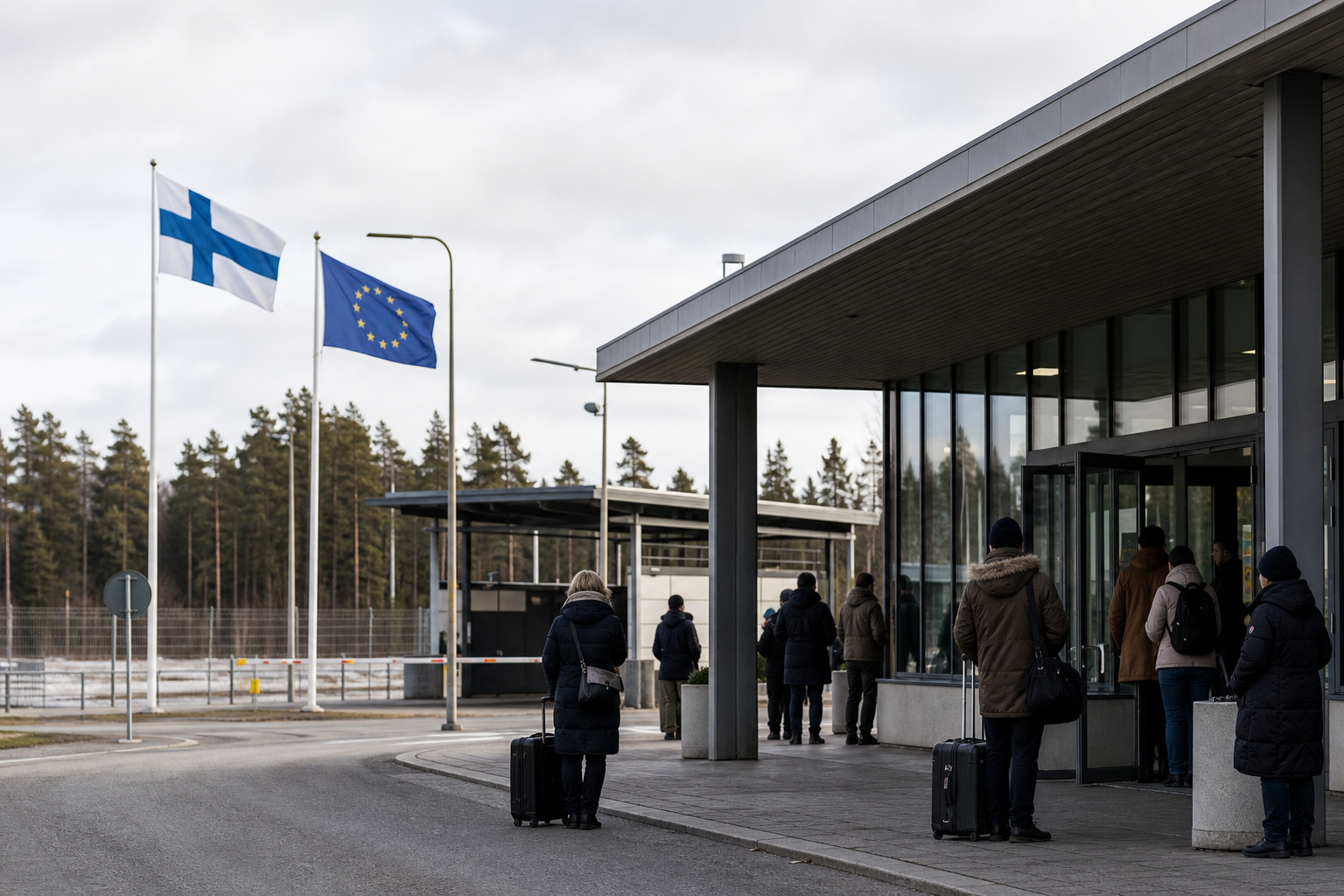 Suomen ja EU:n liput virastorakennuksen edessä, taustalla ihmisiä matkatavaroiden kanssa.