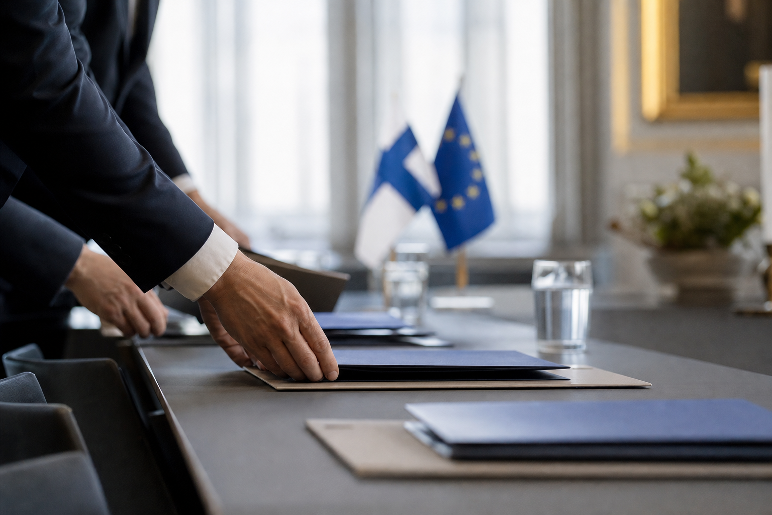 Ministeriön kokouspöydällä asiakirjoja, taustalla Suomen ja EU:n liput epätarkkoina.