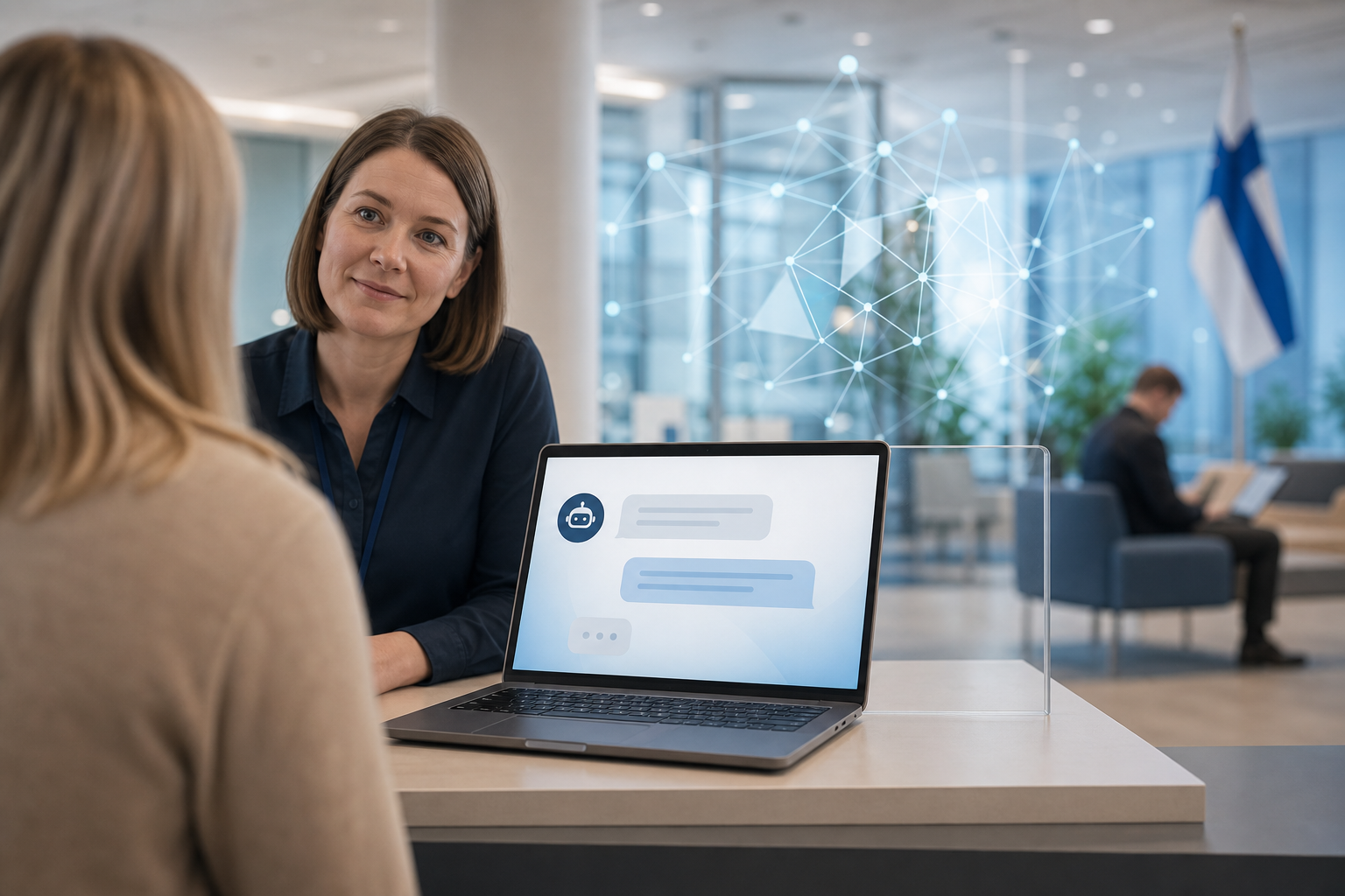 Viranomaispalvelun neuvontapiste, jossa tekoälyä kuvataan abstrakteilla digitaalisilla elementeillä.