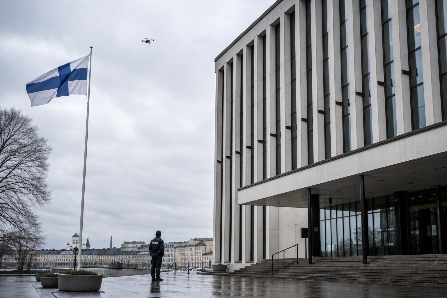 Valtionhallinnon rakennus, Suomen lippu ja taivaalla kaukainen drooni symboloivat droonitorjunnan rahoitusta.