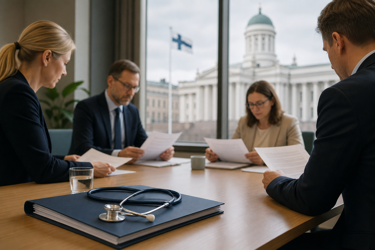 Kokouspöydällä on asiakirjoja ja stetoskooppi, taustalla näkyy virastomainen rakennus.