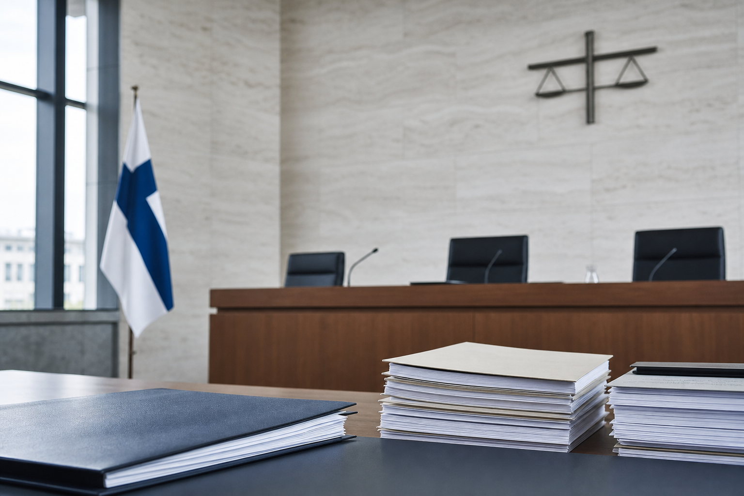 Oikeussalin pöydällä on asiakirjoja ja suljettu kansio, taustalla neutraali hallinnollinen tila.