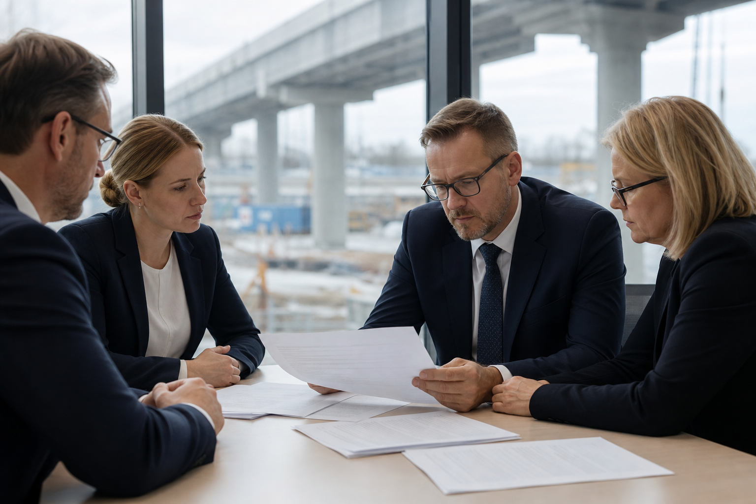 Asiakirjoja tarkastellaan kokouspöydällä, taustalla näkyy epätarkka infrarakentamisen työmaa.