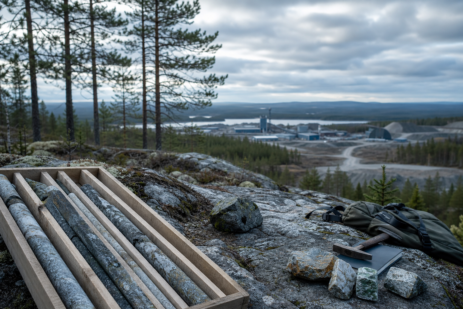 Kairausnäytteitä ja mittausvälineitä suomalaisen metsämaiseman reunalla, taustalla teollisuusalue.
