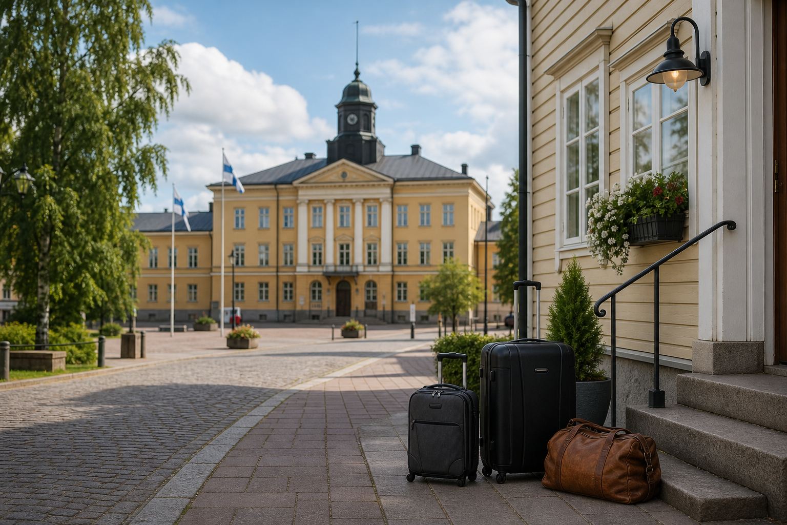 Kunnanvirasto ja majoituspaikka matkalaukkuineen symboloivat matkailijaveron valmistelua.