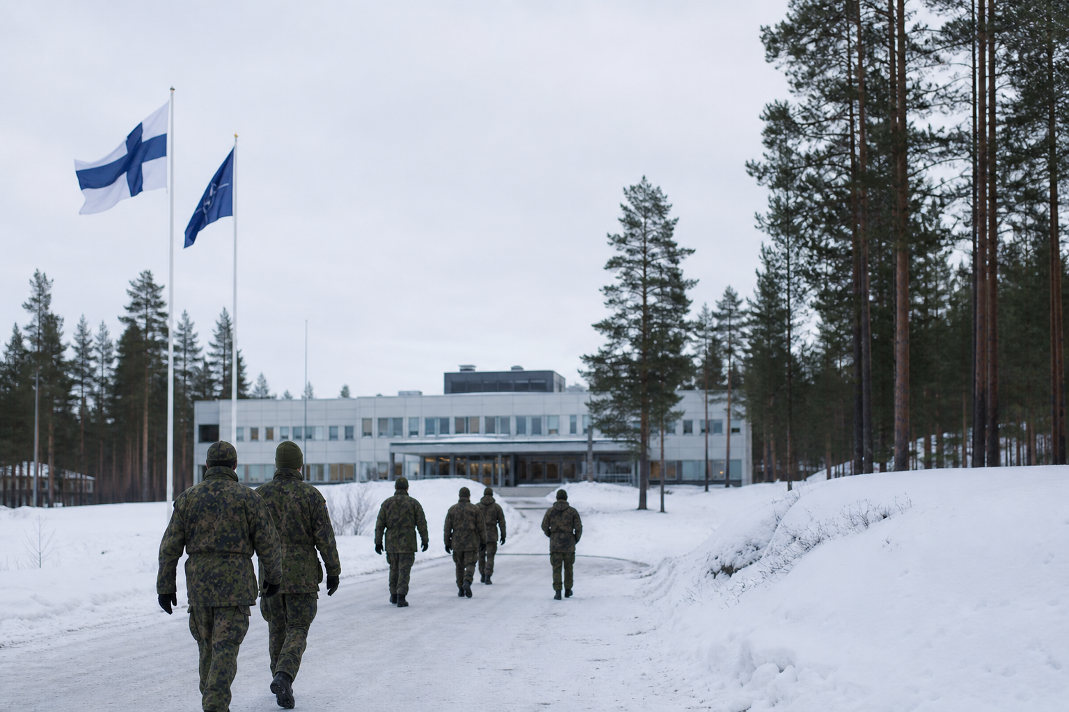 Sotilaita kävelee lumisessa Pohjois-Suomen varuskuntaympäristössä kohti esikuntarakennusta.