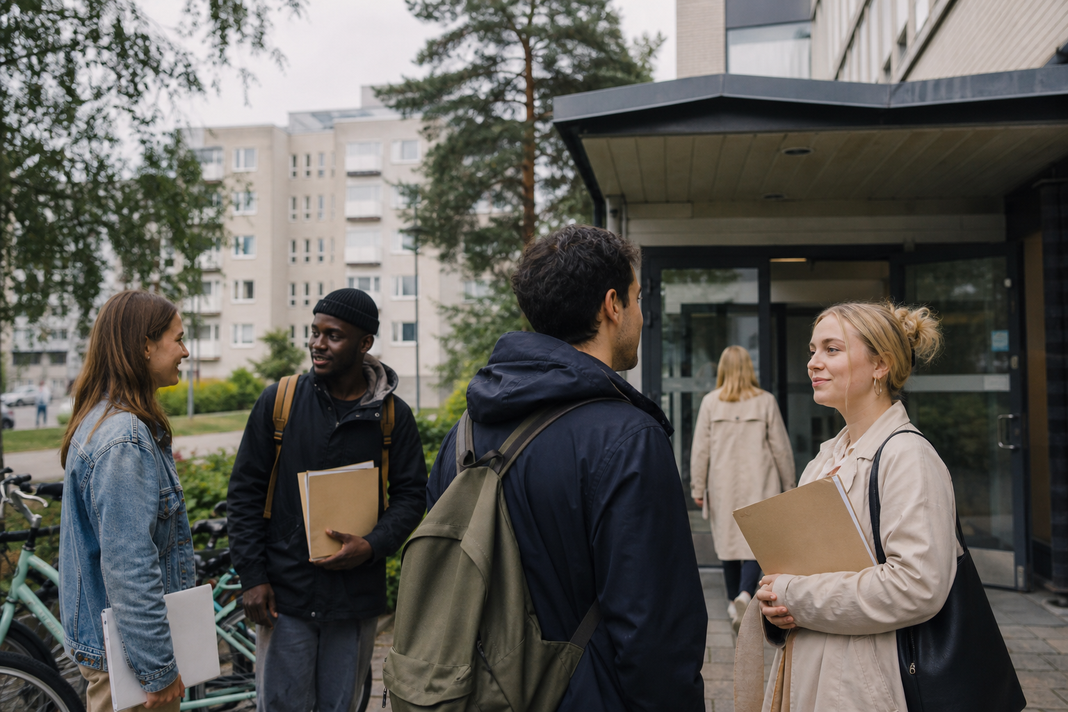 Nuoria kaupunkimaisessa ympäristössä julkisen palvelurakennuksen edustalla.