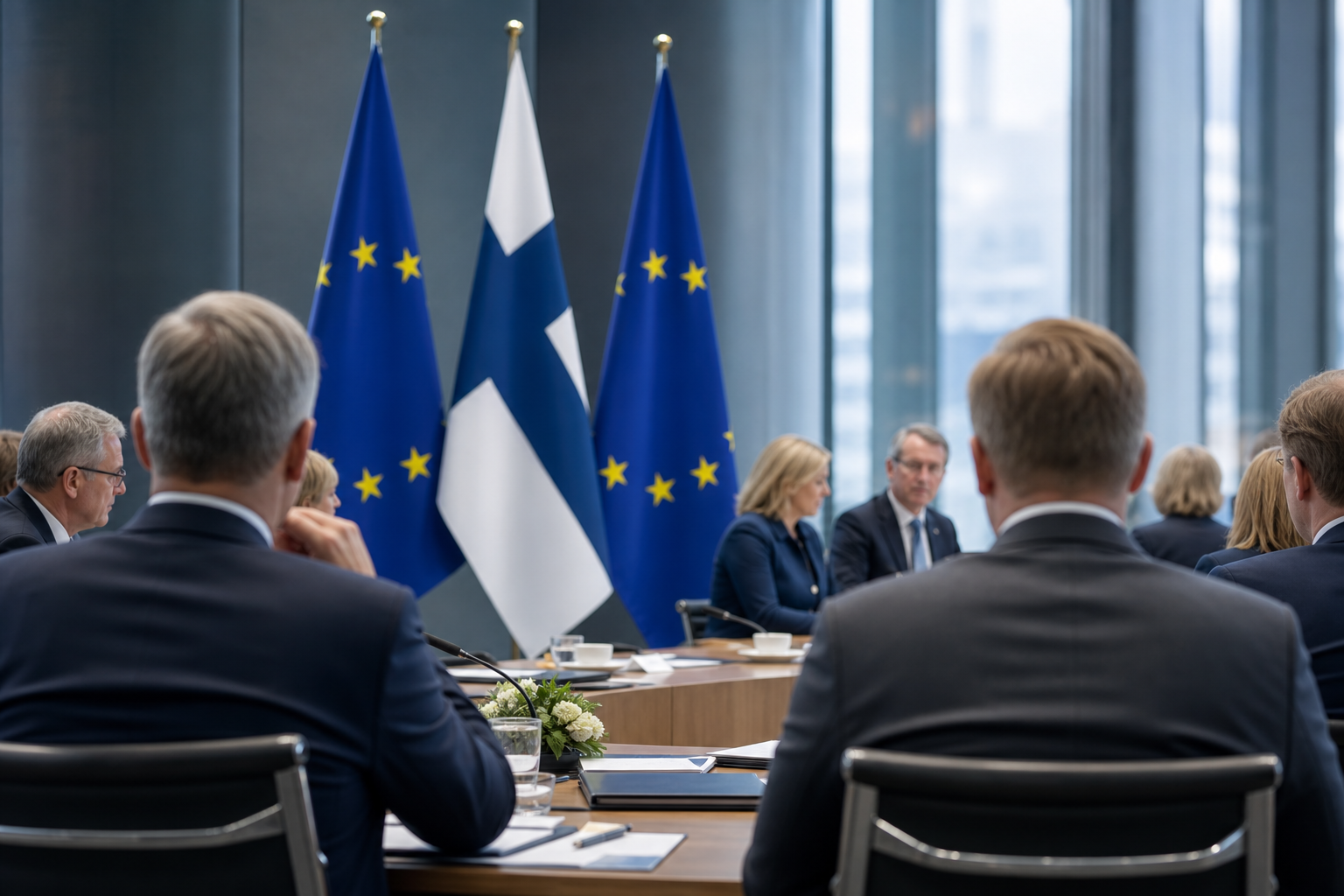 EU- ja Suomen liput neuvotteluhuoneessa, jossa virkamiehet keskustelevat pöydän ääressä.