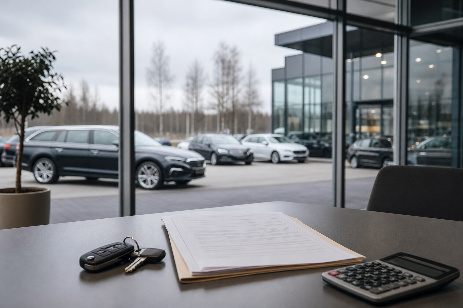 Autoliikkeen pöydällä on autonavaimet, lainapaperikansio ja laskin, taustalla näkyy autoja.