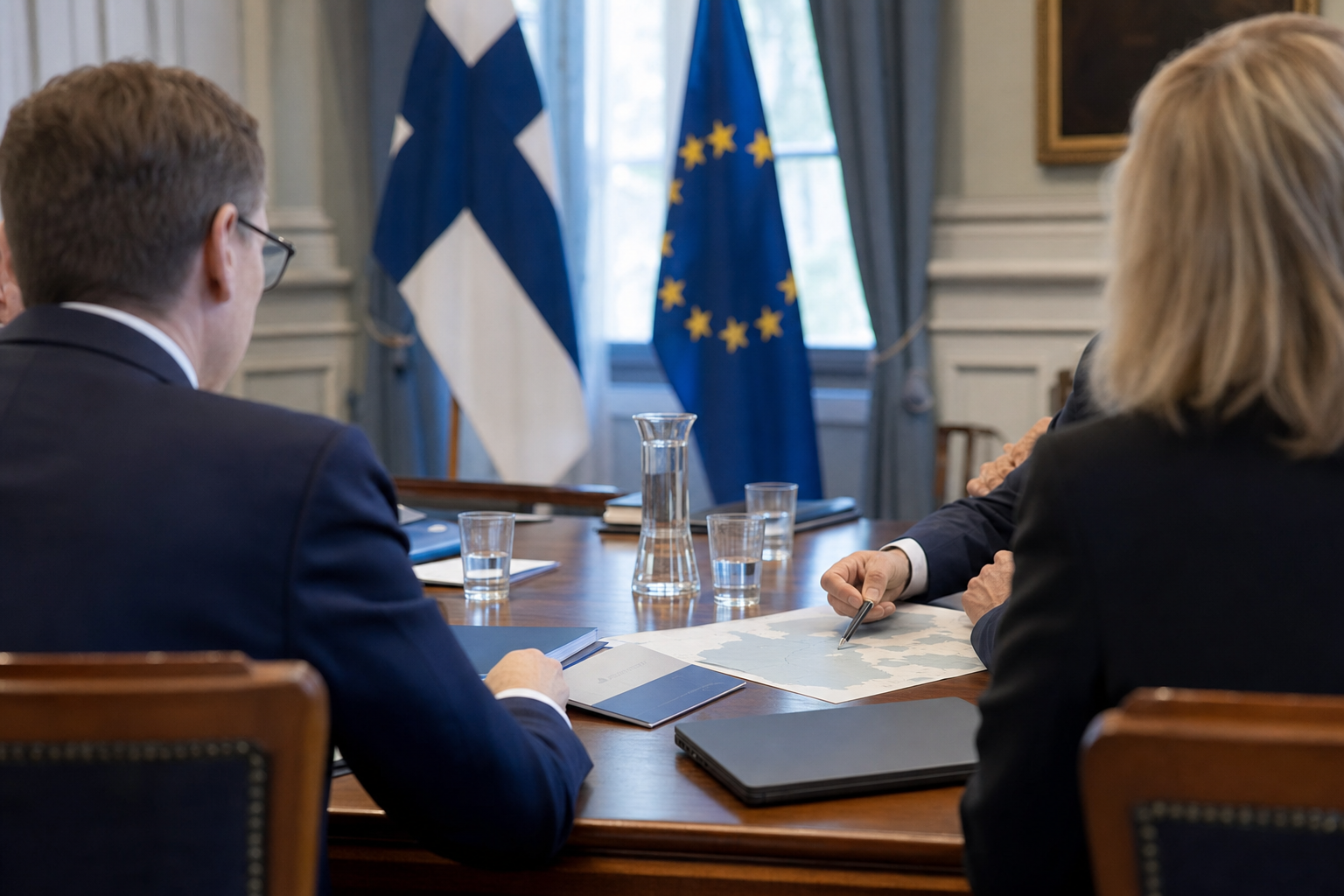 Virkamiehiä kokouspöydän ääressä, taustalla Suomen lippu ja asiakirjoja puolustusta käsittelevässä tilassa.
