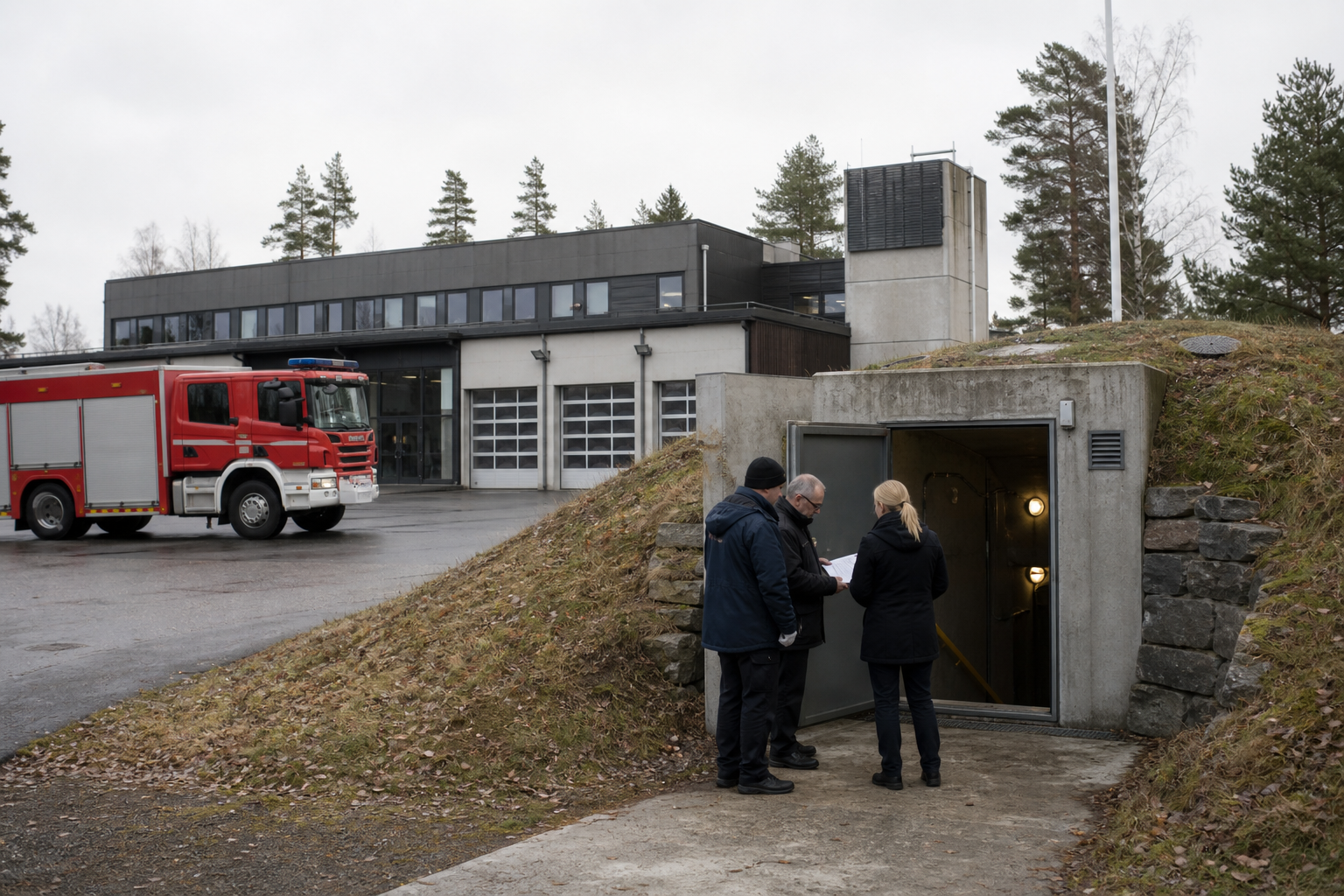 Pelastusajoneuvo ja väestönsuojan sisäänkäynti viranomaisrakennuksen edustalla rauhallisessa uutiskuvassa.