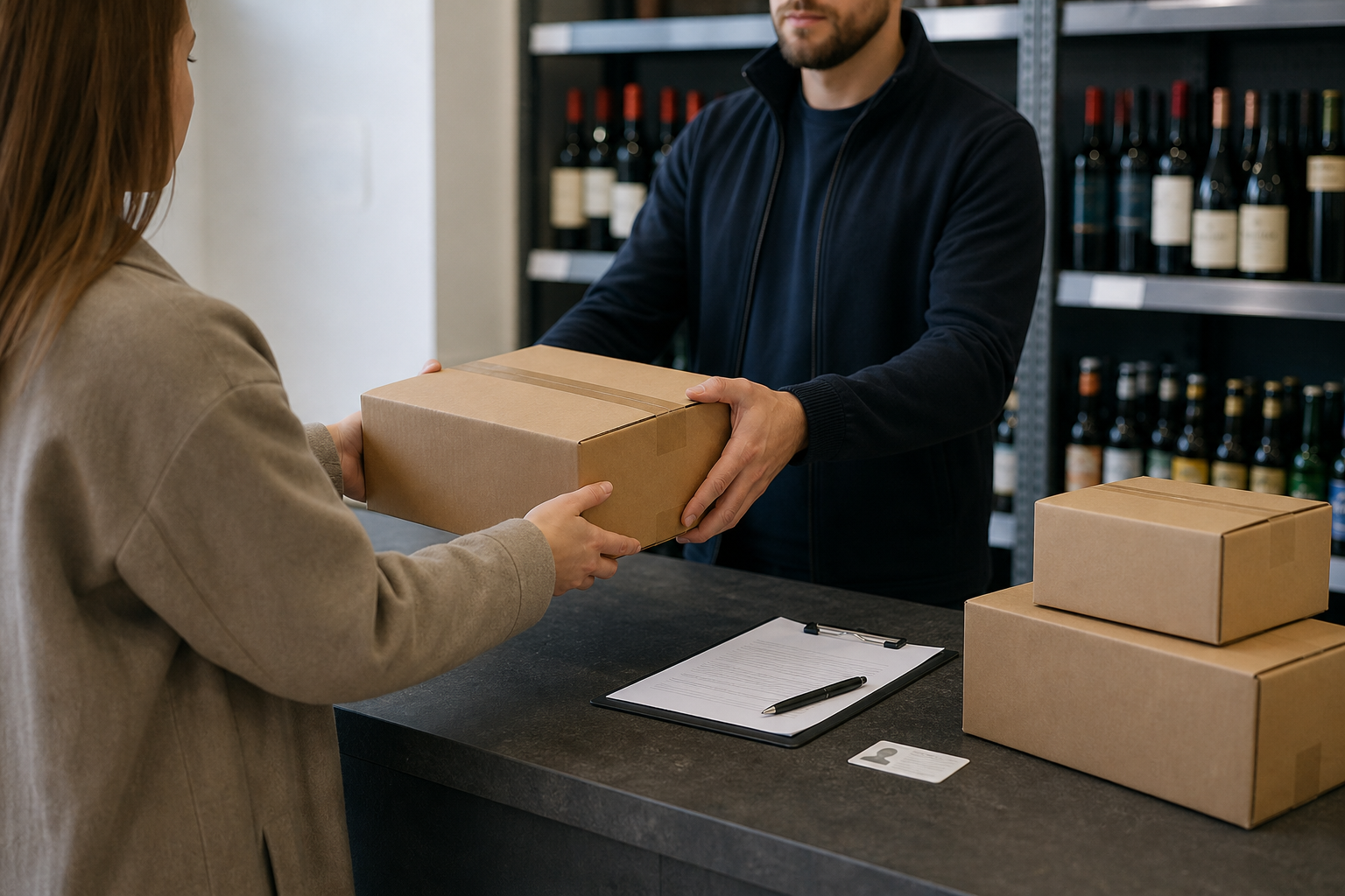 Noutotiskillä on suljettuja paketteja ja taustalla alkoholijuomapulloja, mikä viittaa verkkokaupan toimituksiin.