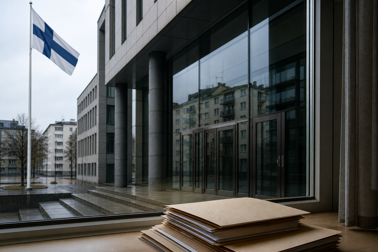 Ministeriörakennuksen lasiovissa heijastuu asuintalo, etualalla on virallisia asiakirjakansioita.