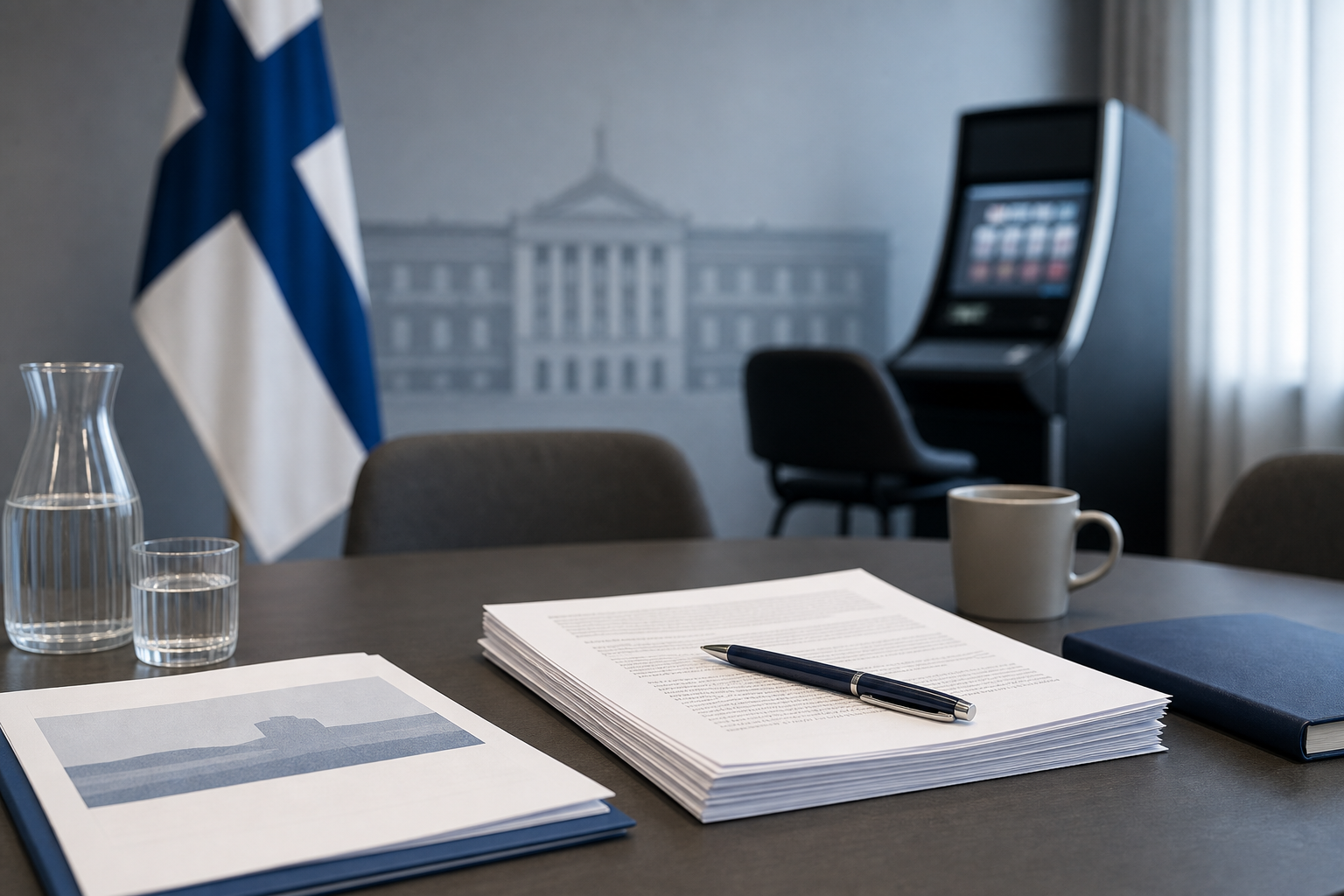 Neutraali virastopöytä asiakirjoineen ja taustalla sumea rahapeliautomaatti.