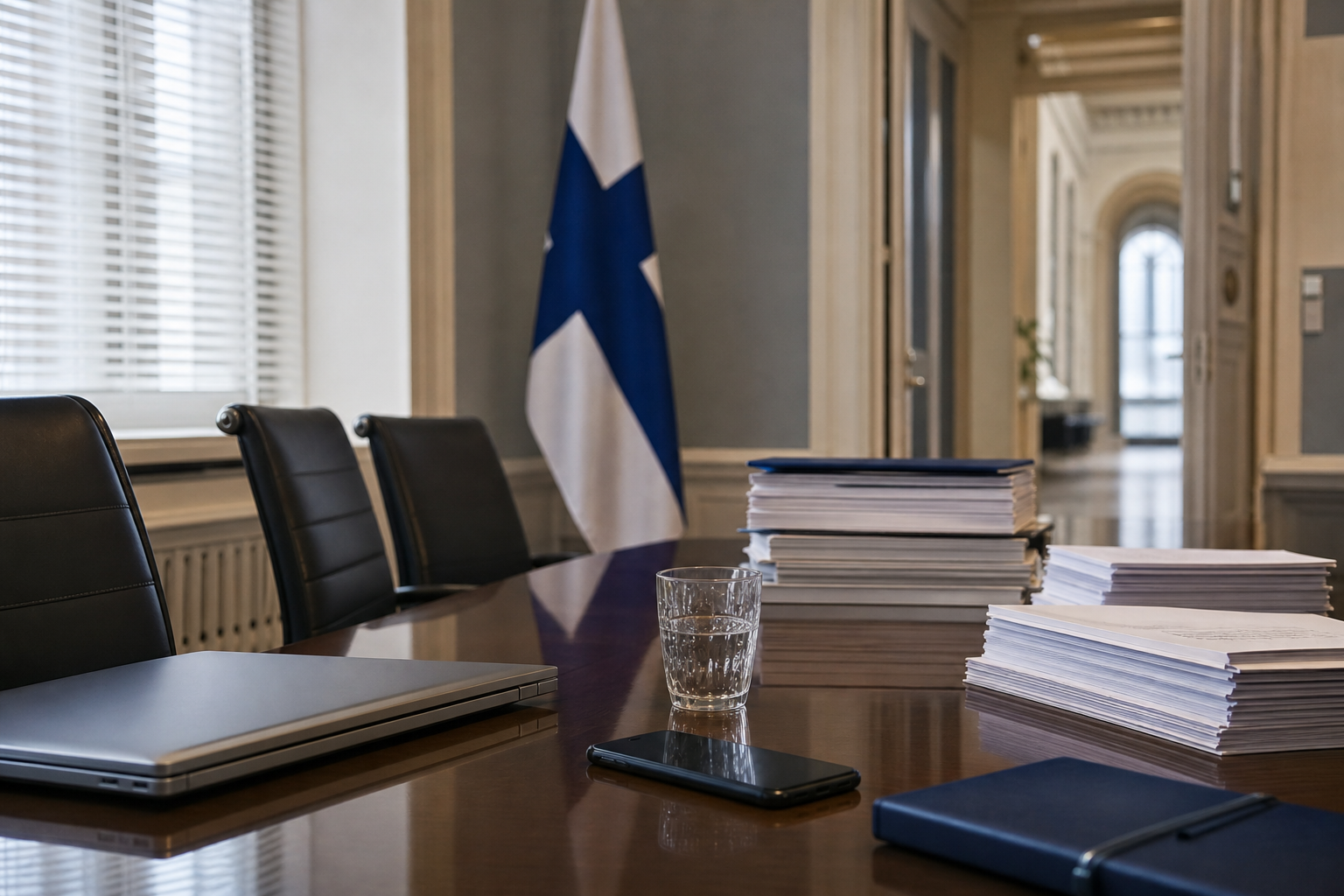 Virkamiesmäinen kokouspöytä, asiakirjoja, puhelin ja Suomen lippu taustalla.