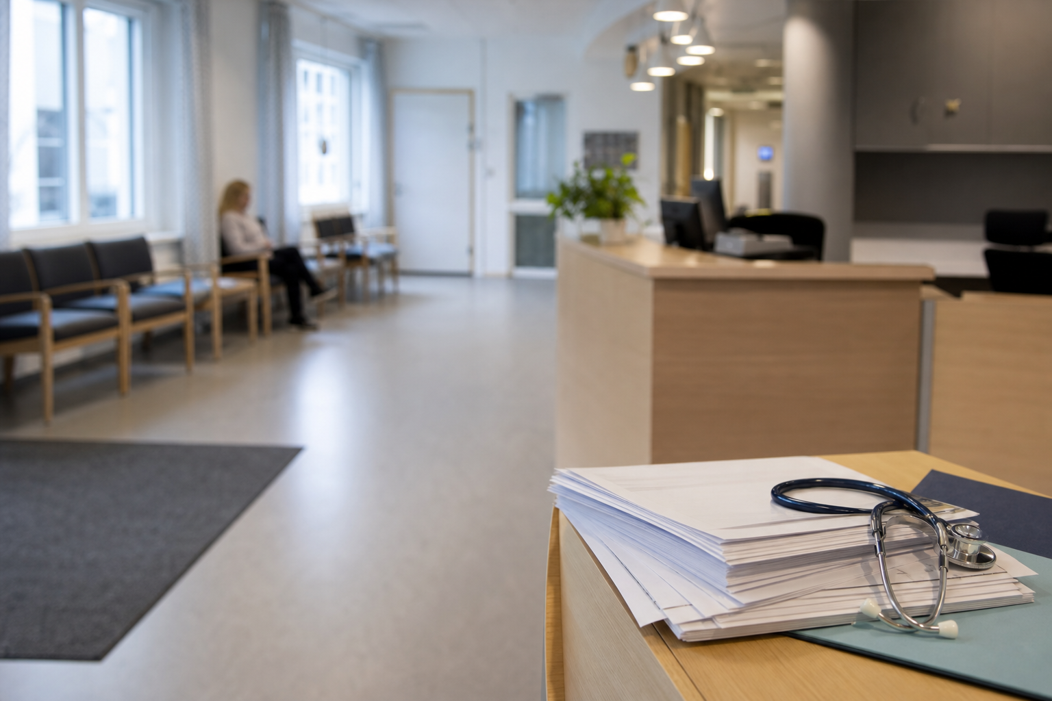 Terveyskeskuksen odotustila ja asiakirjoja pöydällä uutiskuvamaisessa kuvituksessa.